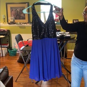 Black and blue halter cocktail dress